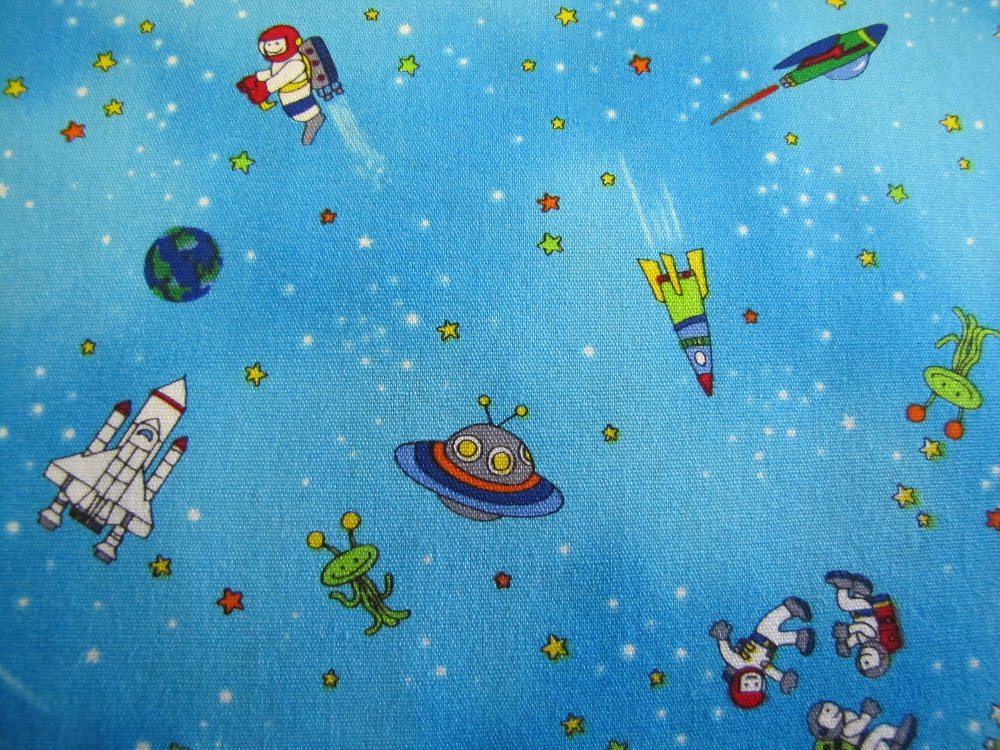 Space Ships and Space Men, Stars, Earth on Aqua Blue - Click Image to Close